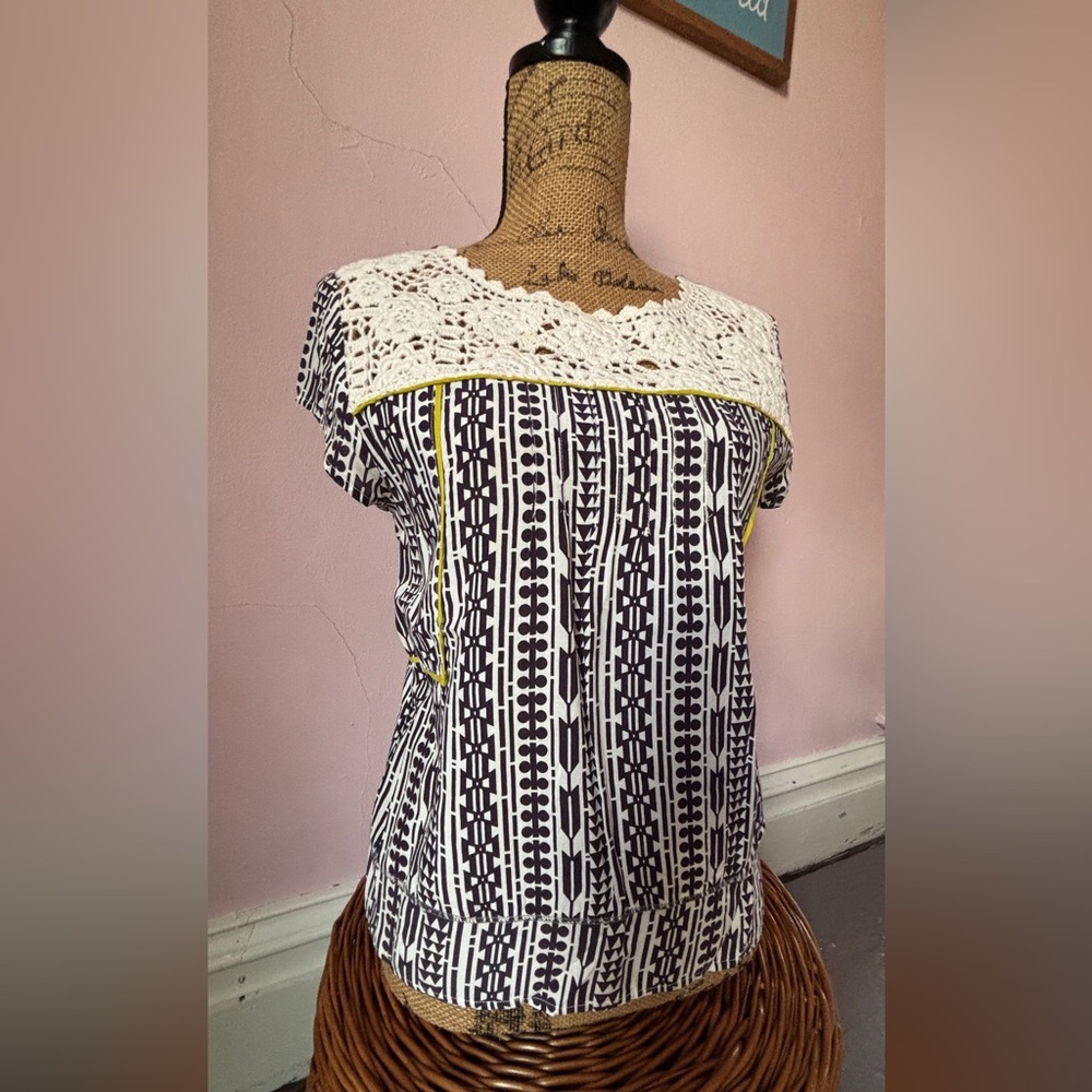 Anvil Black and White Geometric Blouse with Lace Detail